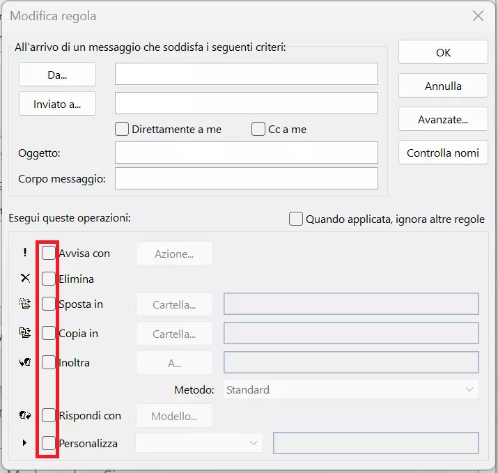 Finestra per stabilire le regole per le notifiche di assenza in Outlook