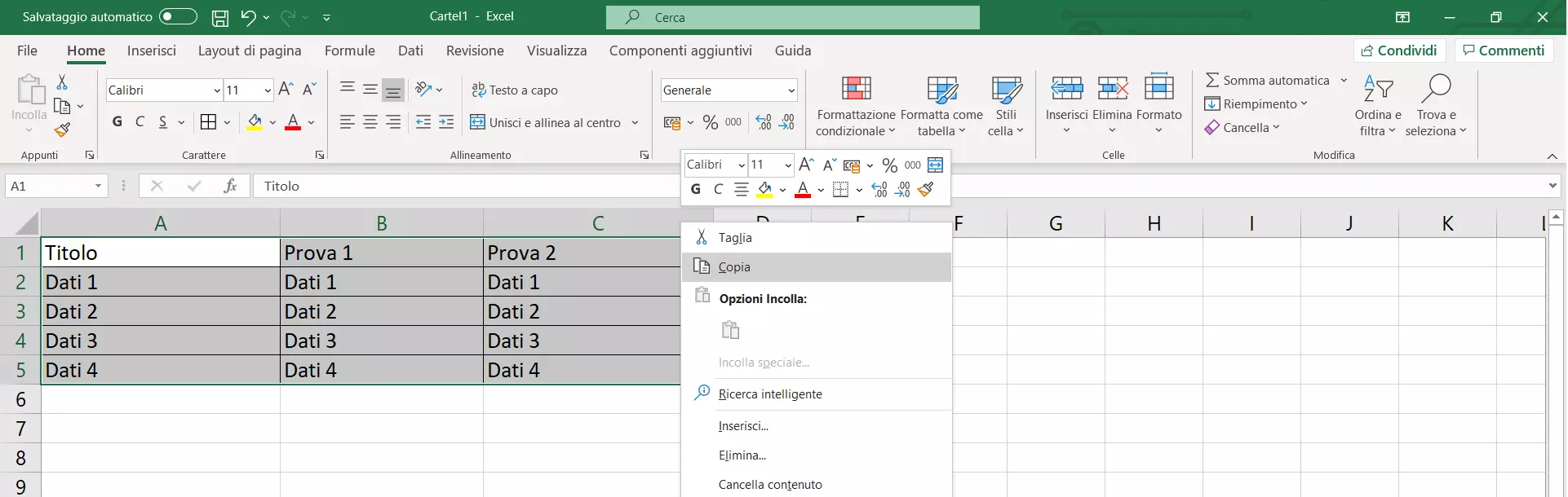 Selezionare e copiare una tabella Excel