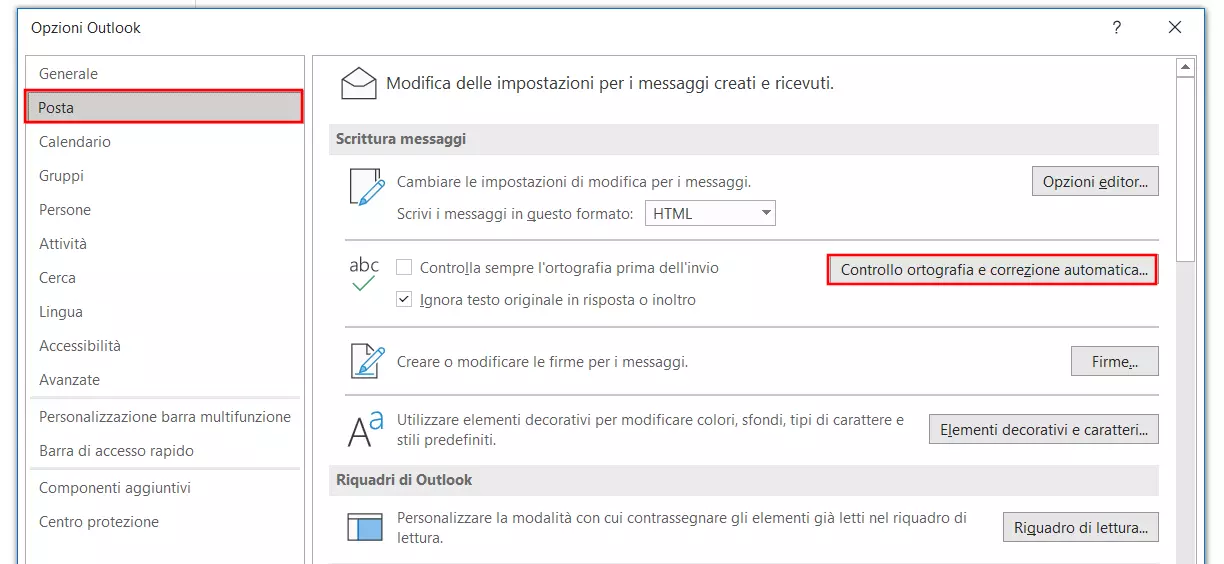 Sezione E-mail nelle opzioni di Outlook