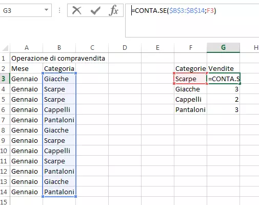 Screenshot di una tabella Excel con la funzione CONTA.SE