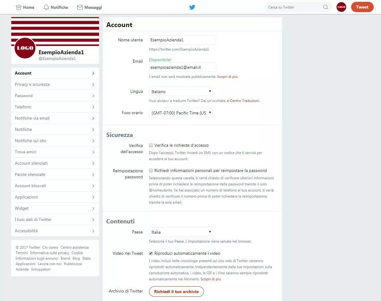 Screenshot della maschera di Twitter con le impostazioni personali dell’account