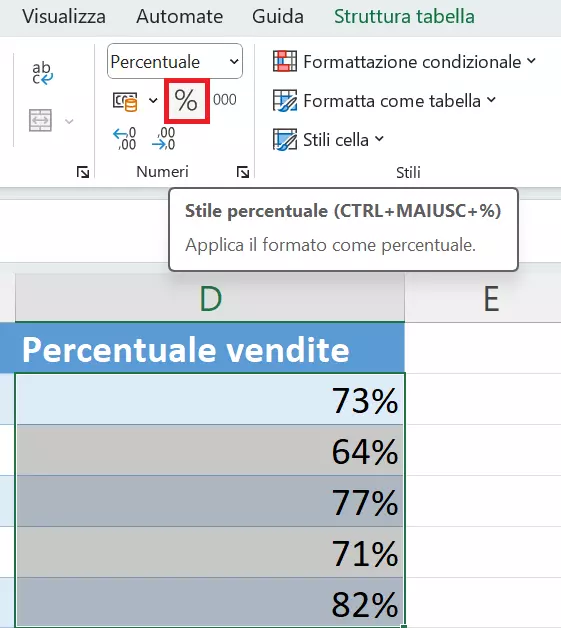 Pulsante percentuale in Excel