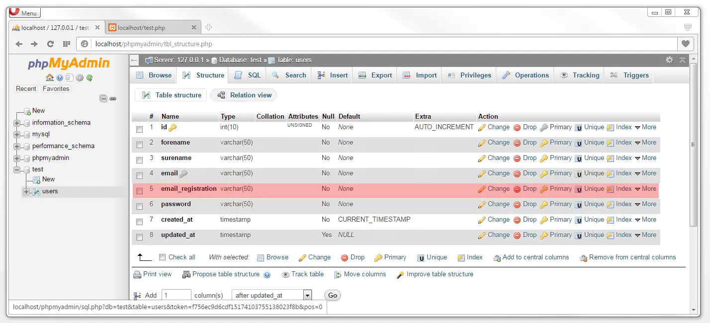 phpMyAdmin: tab “Structure“