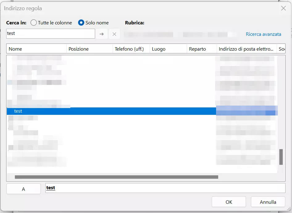 Outlook 365: rubrica nella creazione guidata Regole