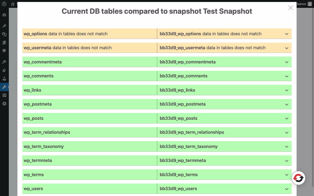 Screenshot della pagina snapshot del plugin “WP Reset” con un confronto tra snapshot