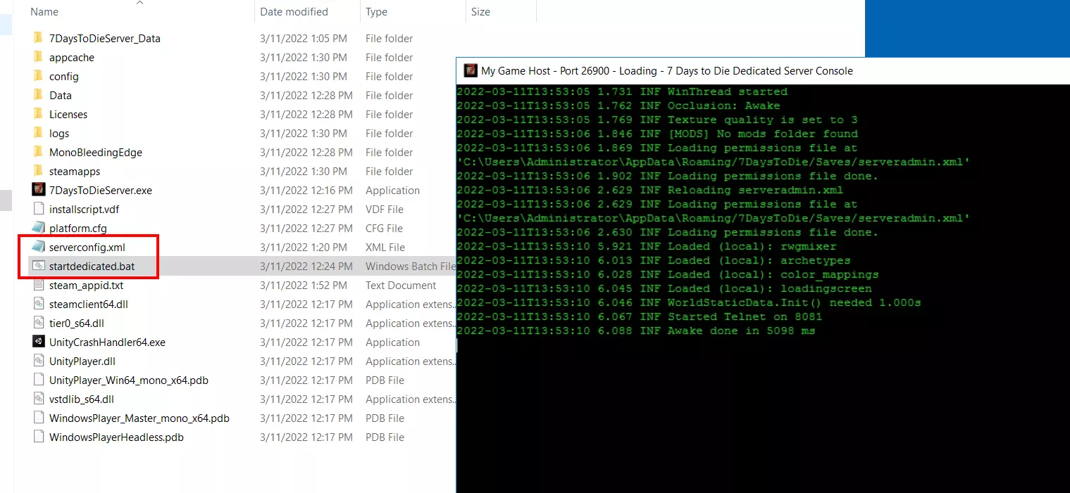 Server 7 Days to Die: file di configurazione, script BAT e console del server