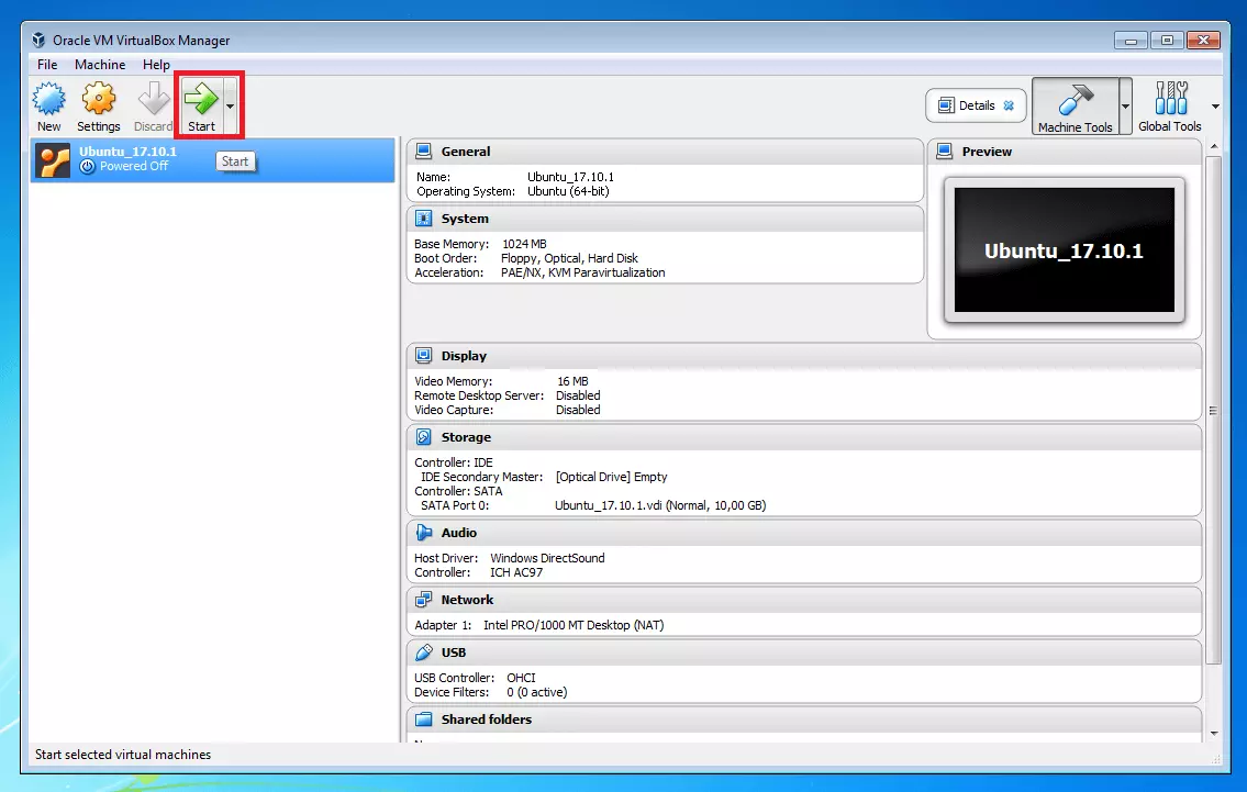 Oracle VM VirtualBox Manager: Il tasto “Start“