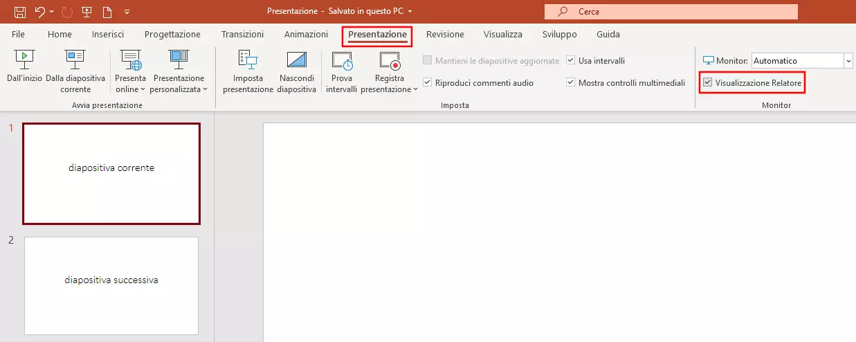 Opzione per la visualizzazione Relatore in PowerPoint