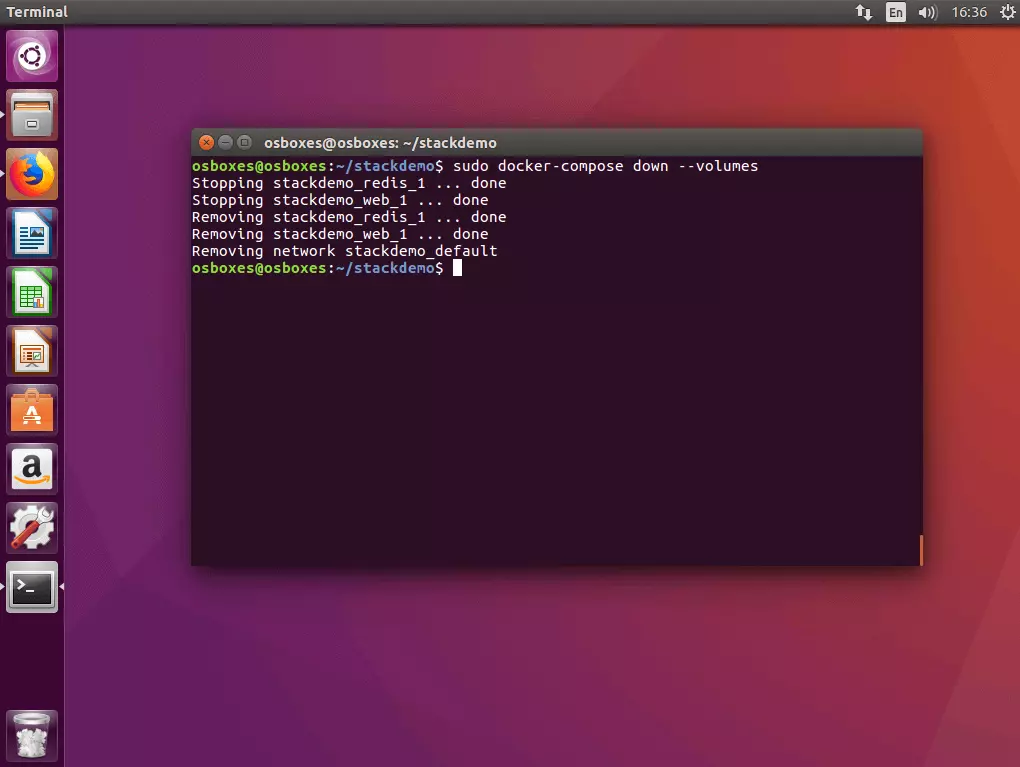 Il comando “docker-compose down” nel terminale Ubuntu