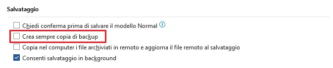 Opzione “Crea sempre copia di backup” in “Impostazioni avanzate” nelle opzioni di Word.