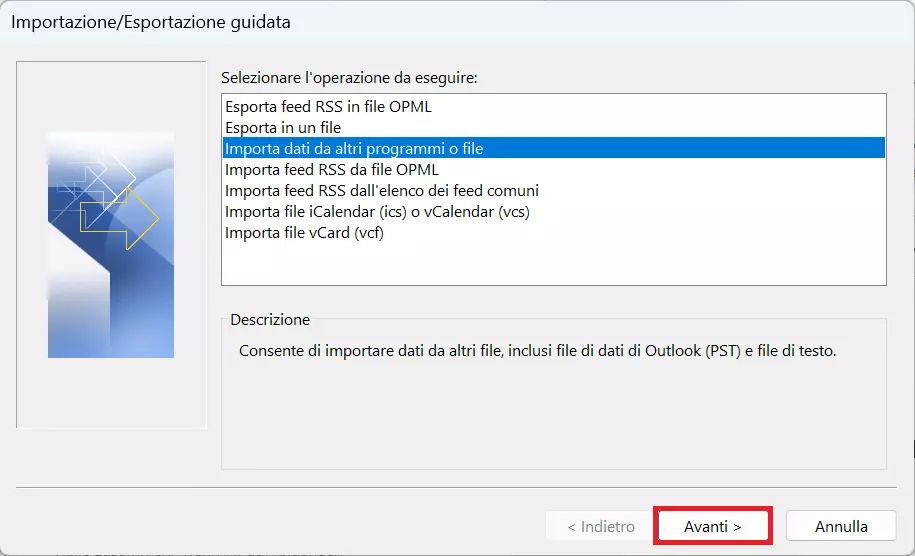 Procedura guidata di Outlook di importazione ed esportazione: “Importa dati da altri programmi o file“