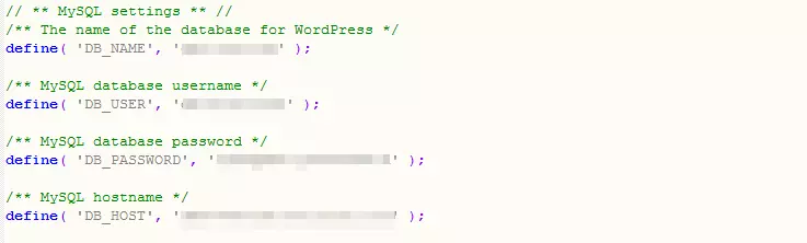 Impostazioni del database all’interno del file wp-config.php