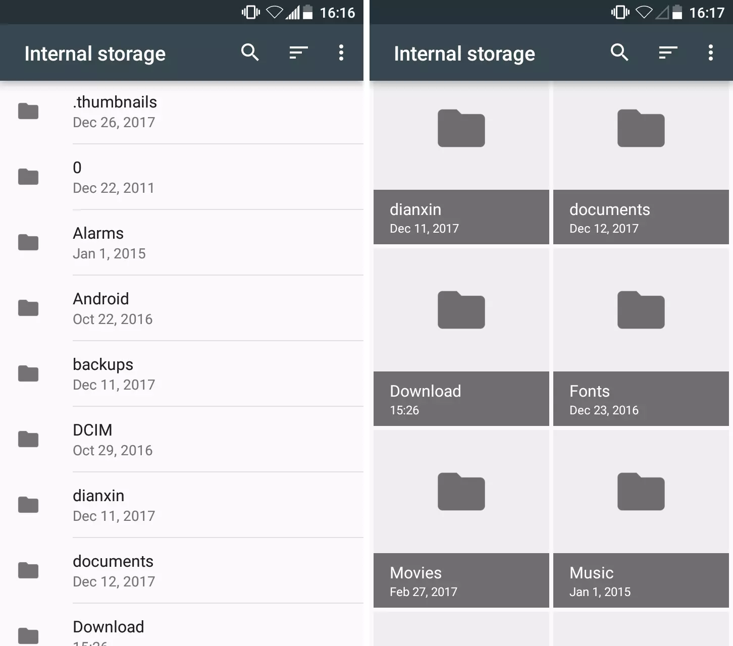 File manager di Android: visualizzazione a griglia e a elenco