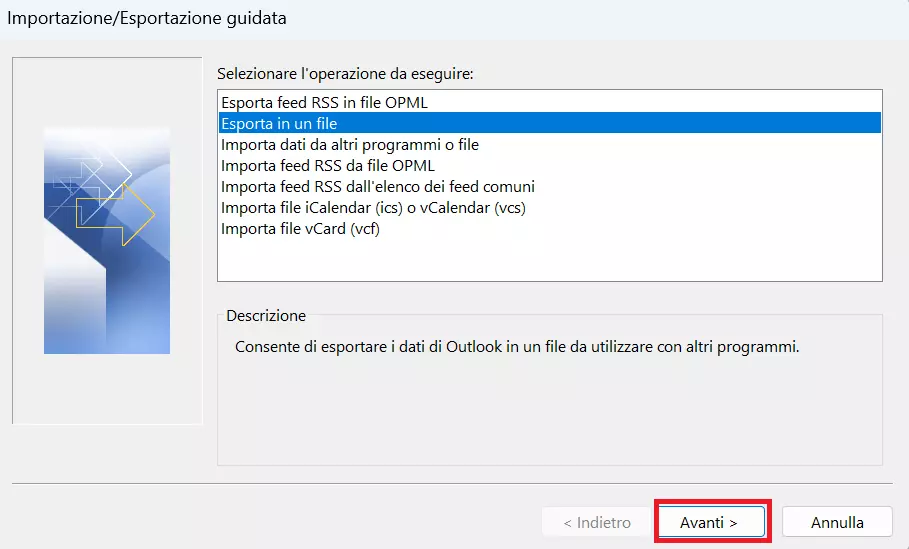 Importazione/Esportazione guidata su Outlook con voce selezionata “Esporta in un file”