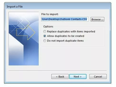 Menu “Import a file” in Outlook 2016