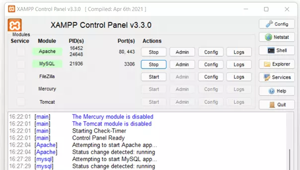 Pannello di controllo di XAMPP: Apache e MySQL avviati