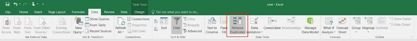 Barra dei menu della scheda "Dati" in Excel 2016