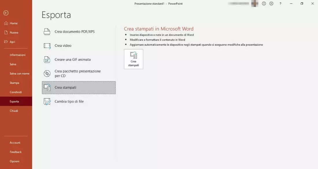 “Crea stampati” per convertire un file PowerPoint in Word