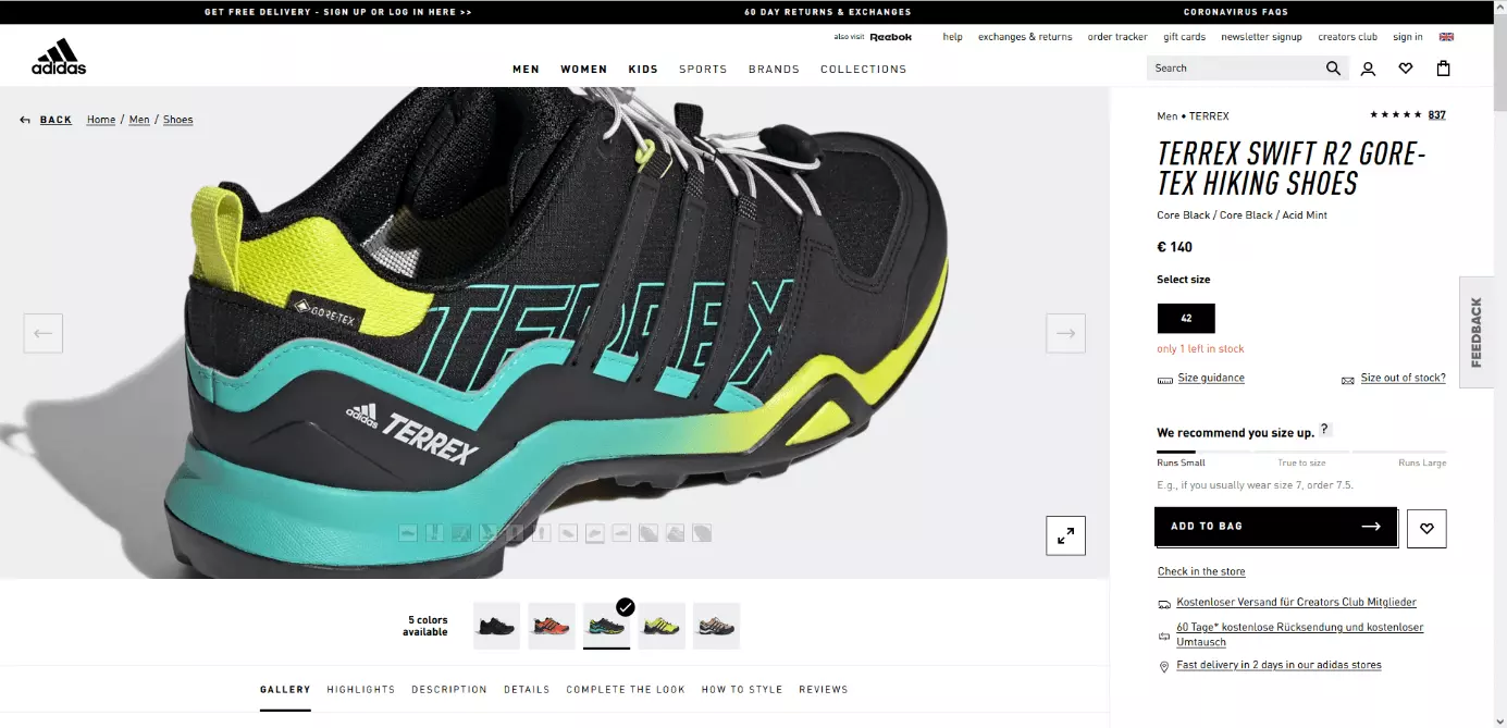 Esempio di co-branding di ingrediente: scarpe Adidas con superficie Gore-Tex