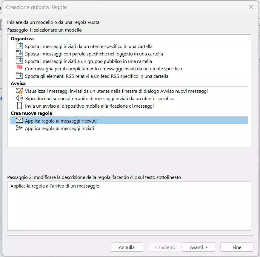 Outlook 365: creazione guidata Regole