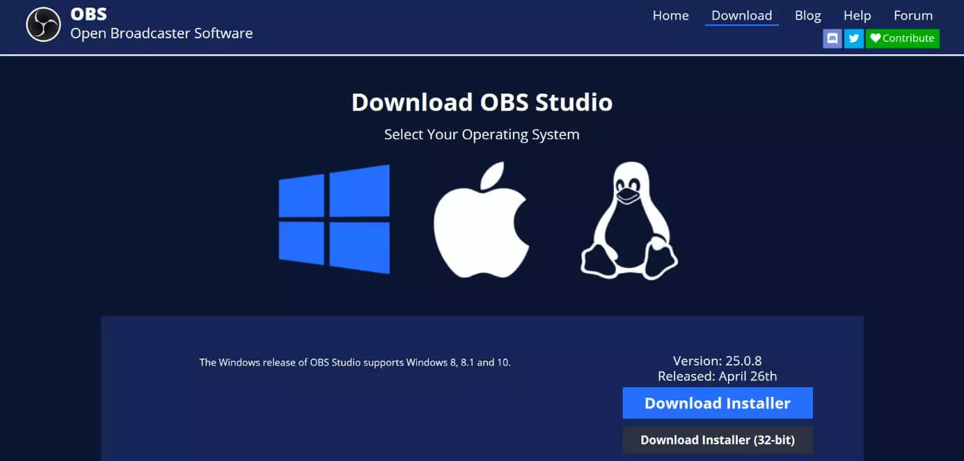 Screenshot della homepage di OBS Studio