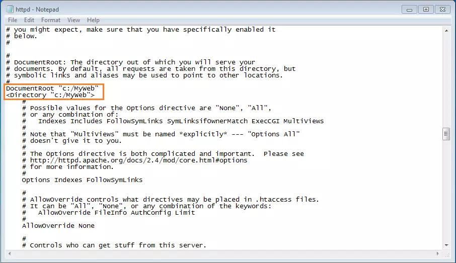 Screenshot di httpd.conf su Notepad