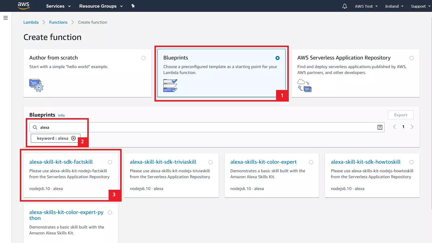 Console di AWS Management: selezione del modello per la funzione Lambda