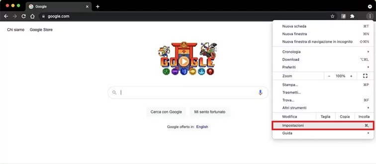 Chrome: Voce di menu “Impostazioni” nel menu rapido