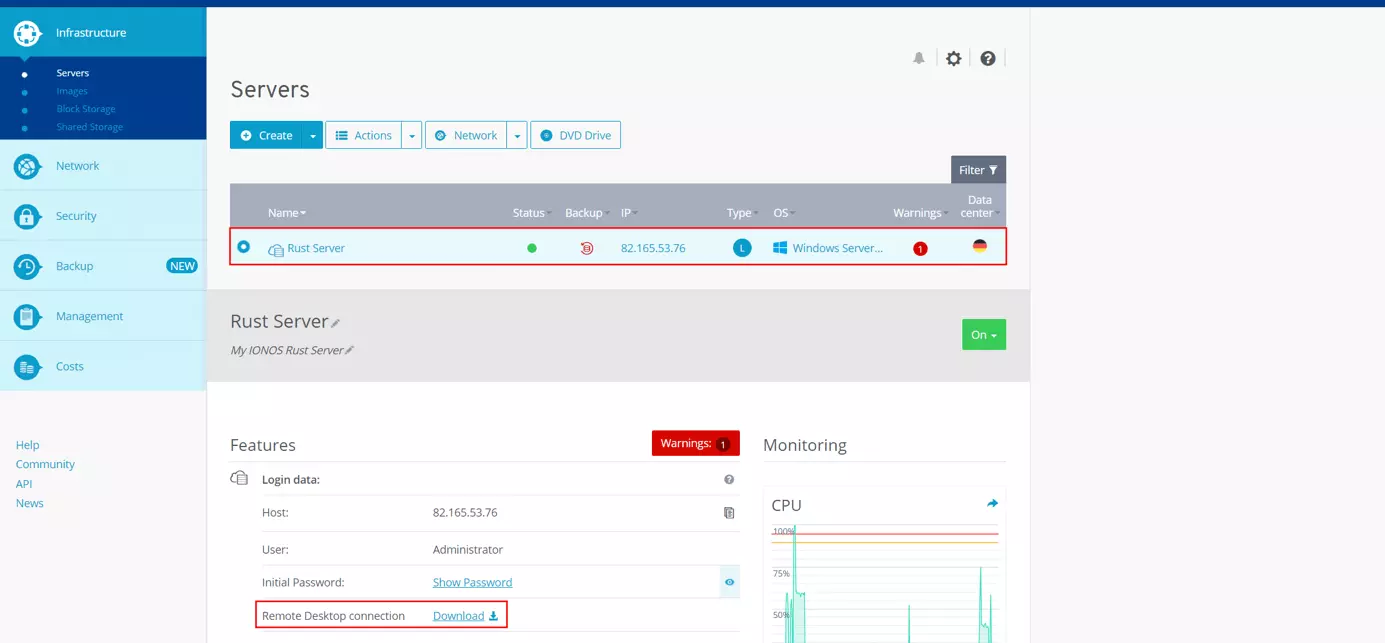 IONOS Cloud Panel: dati e informazioni di accesso al server Rust