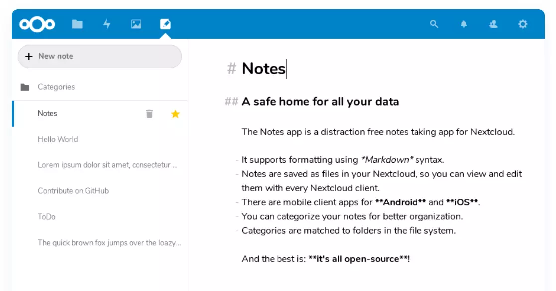 Screenshot di Notes nel database delle app di Nextcloud