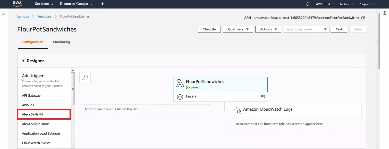 Console di AWS Management: selezione dell’attivatore della funzione Lambda