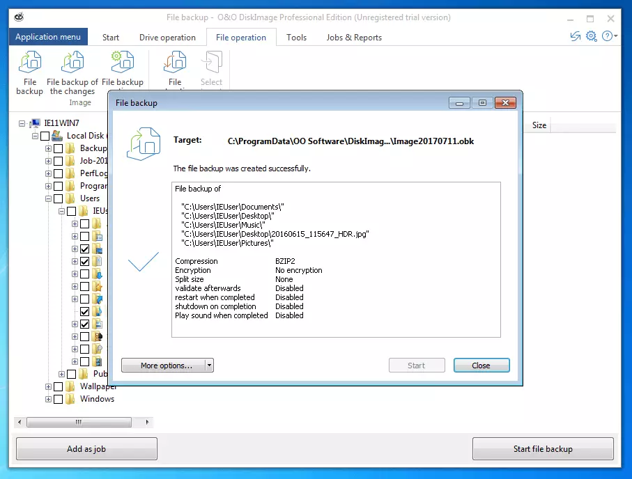 O&O DiskImage Professional 11.0: riepilogo del backup eseguito