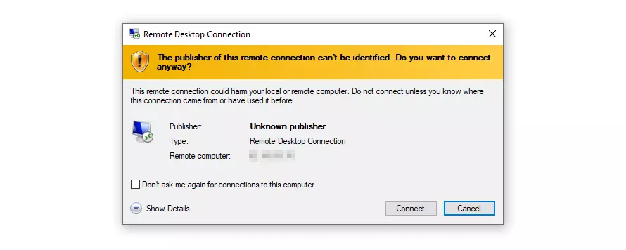 Finestra di dialogo di Windows: stabilire la connessione remota al server