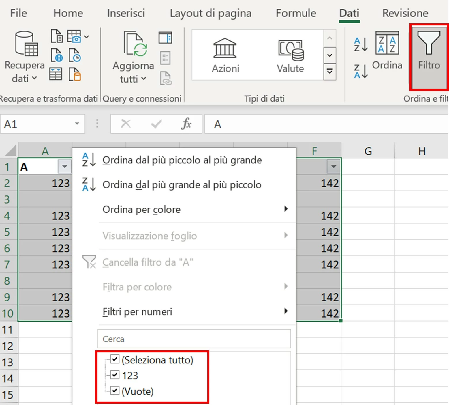 Filtro che permette di eliminare tutte le righe vuote su Excel