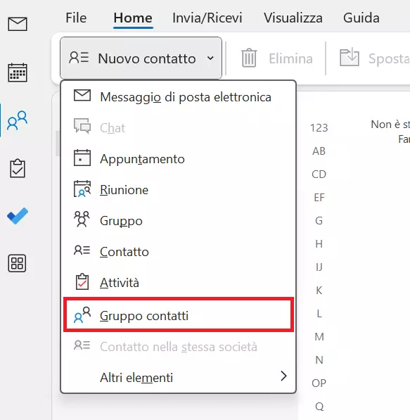 Gruppo contatti per creare una lista di distribuzione su Outlook