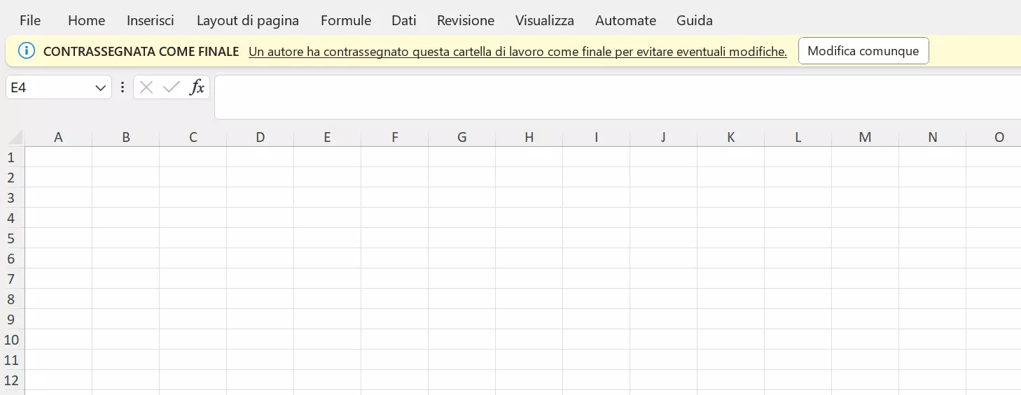 Barra di stato di un file Excel contrassegnato come finale