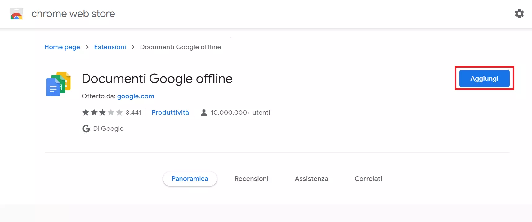 Chrome Web Store: pulsante per aggiungere l’estensione Documenti Google offline