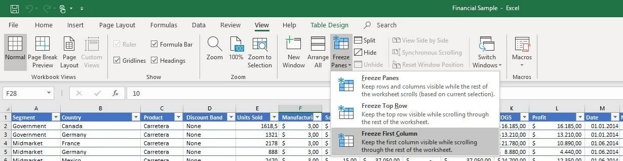 Excel 2016: Menu "Blocca riquadri"