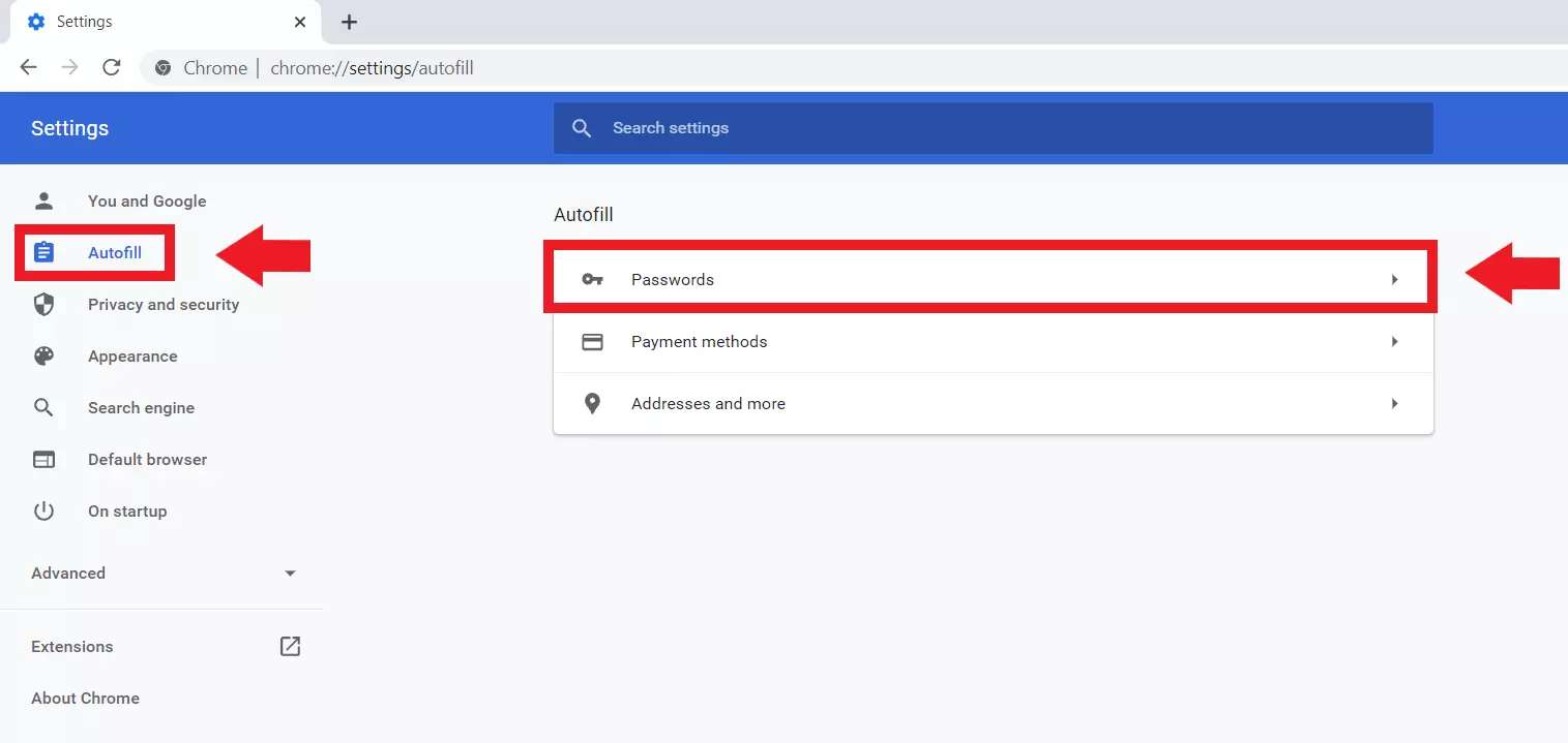 Google Chrome: menu delle impostazioni, “Compilazione automatica” e “Password”