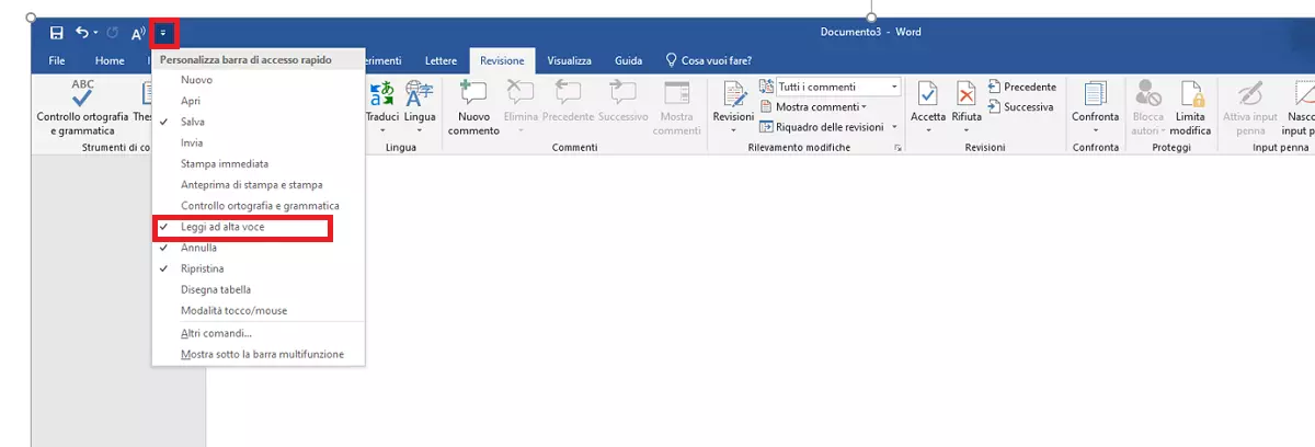 Barra di accesso rapido di Word con “Leggi ad alta voce”