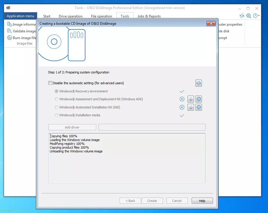 O&O DiskImage Professional 11.0: menu per la creazione di un’immagine di avvio