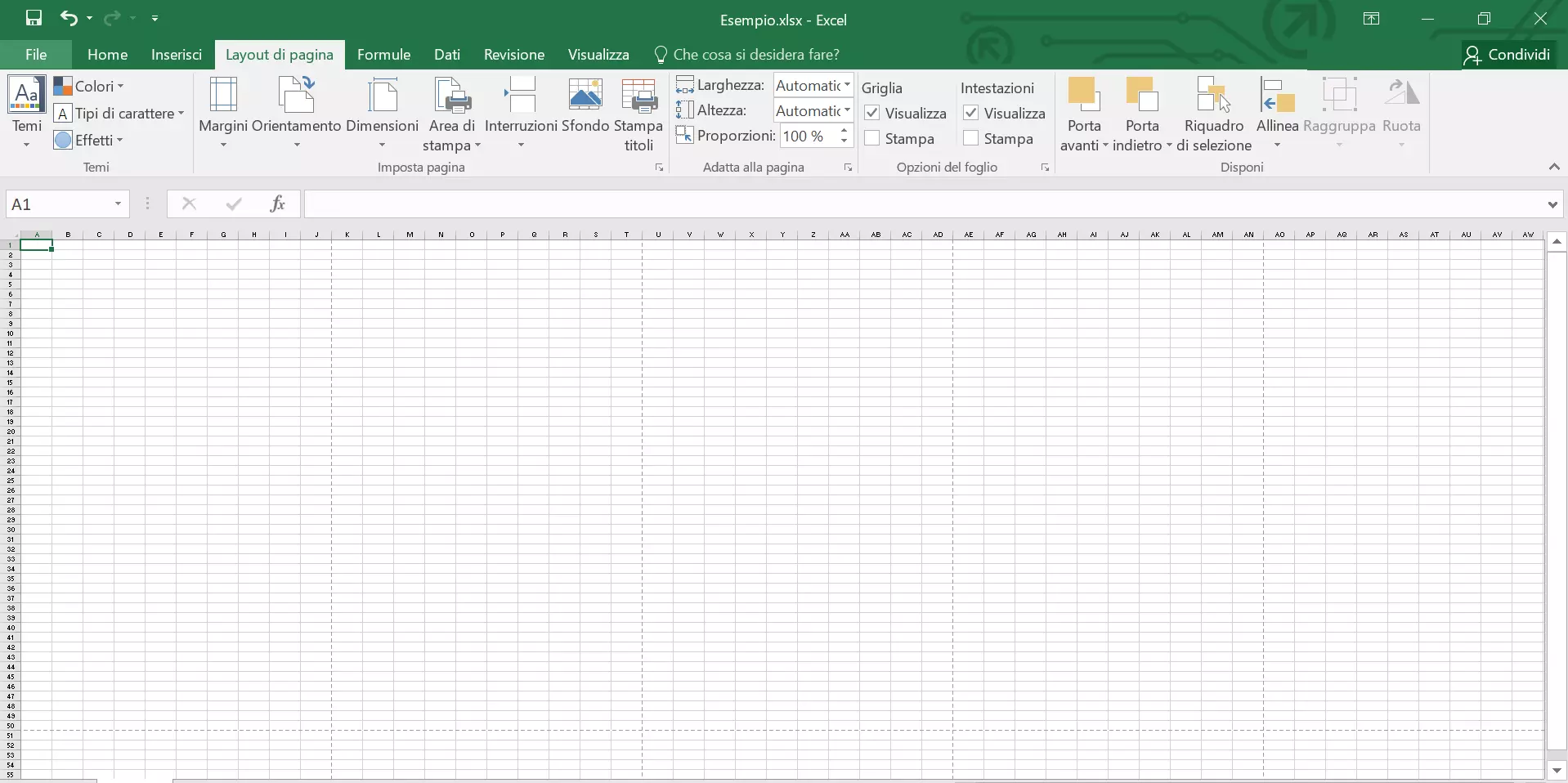 Area di stampa Excel in un foglio di lavoro vuoto