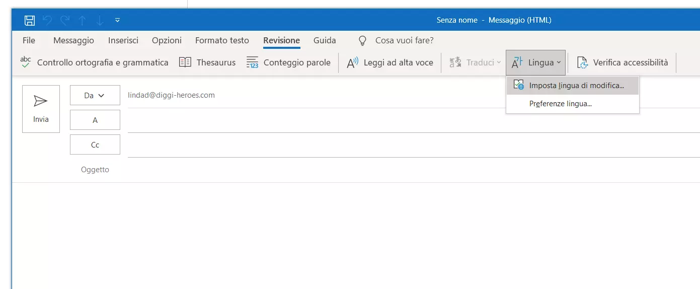 Outlook: Impostazioni della lingua nella composizione delle e-mail
