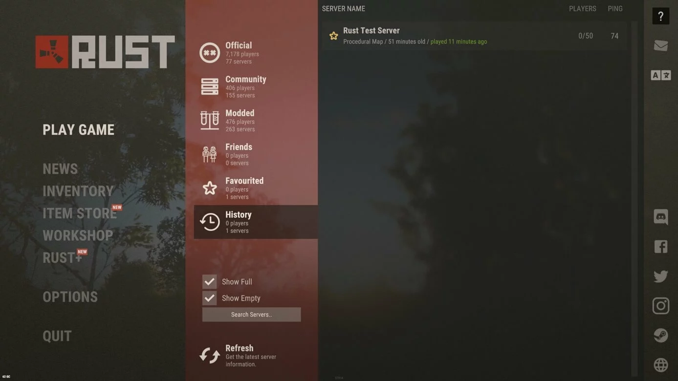 Screenshot di Rust: elenco dei server