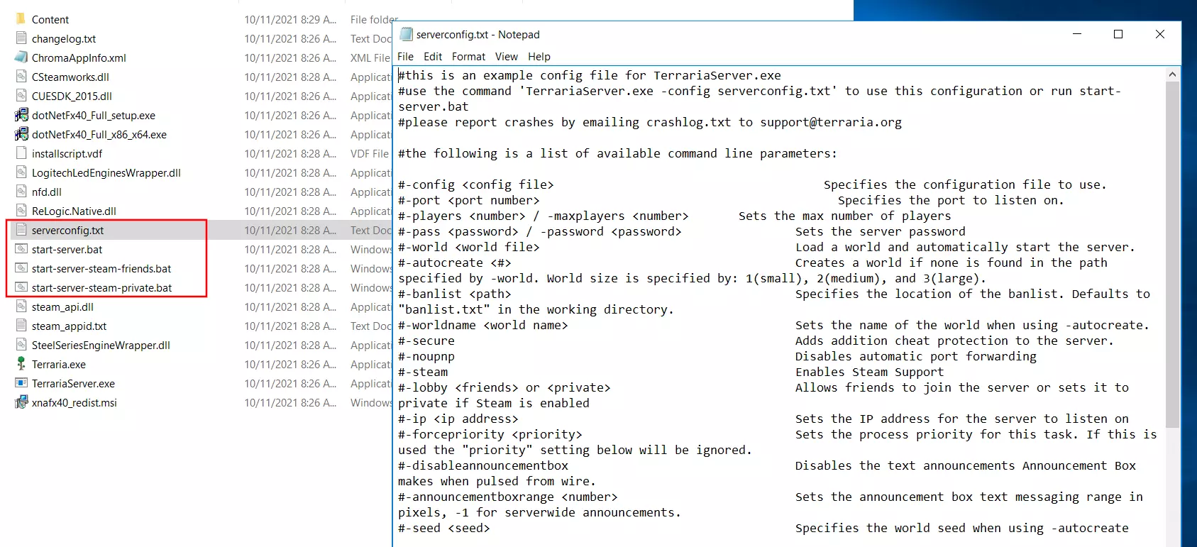 La directory di Terraria contenente i file del server