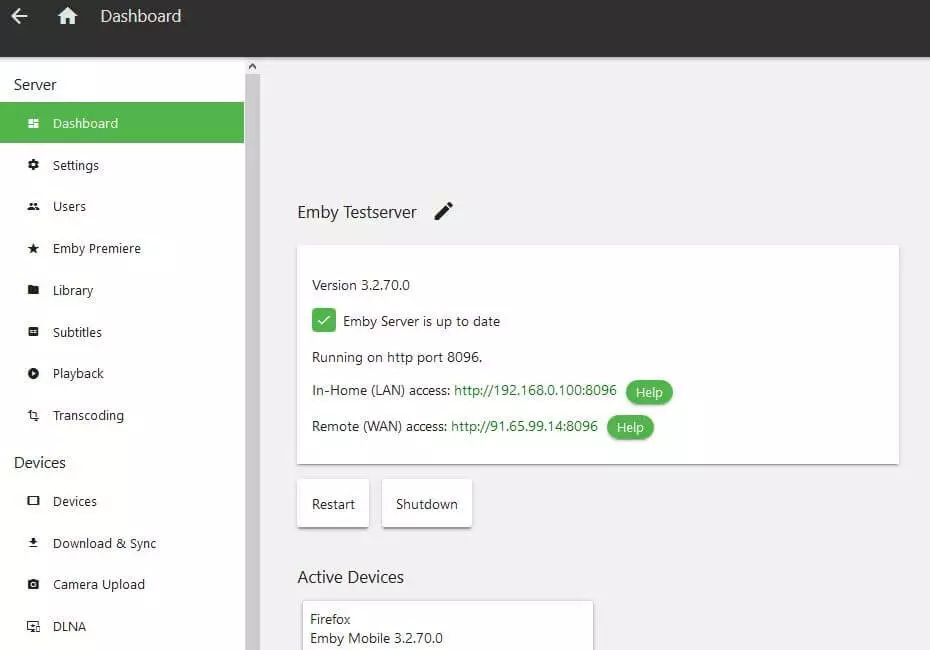 Dashboard web di Emby