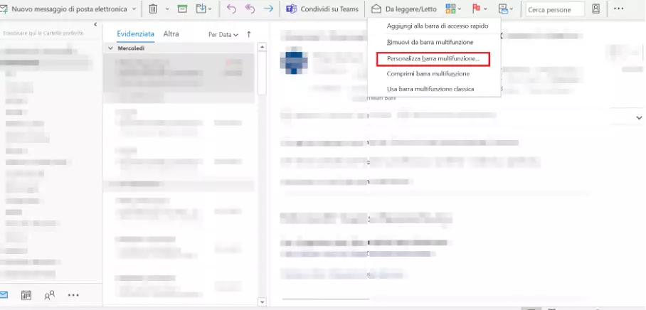 Outlook con il menu aperto “Personalizza barra multifunzione…”