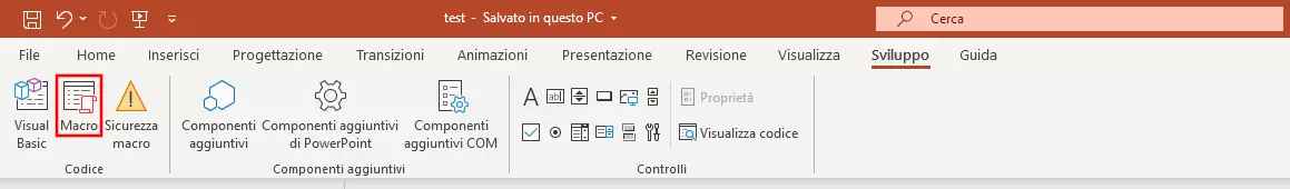 Barra multifunzione della scheda “Sviluppo” di PowerPoint