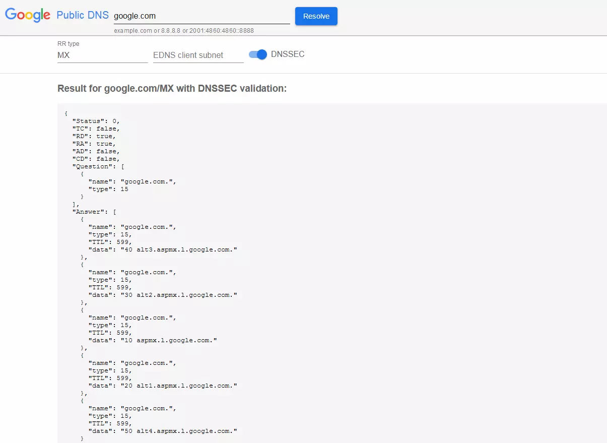 Verifica del record MX con Google Public DNS