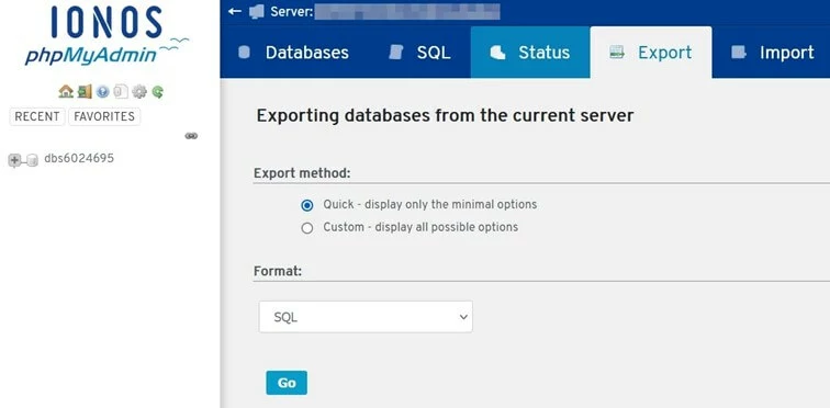 Interfaccia phpMyAdmin di IONOS: esportazione del database